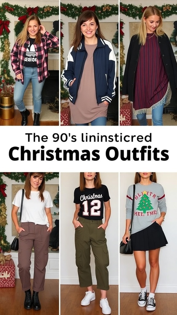 Collage of 90s inspired outfits for a Christmas party featuring various styles.